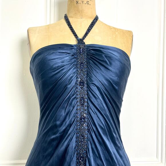 Adrianna Papell Boutique Vintage Navy Halter Elegant Silk Long Maxi Dress Glam - Picture 5 of 10
